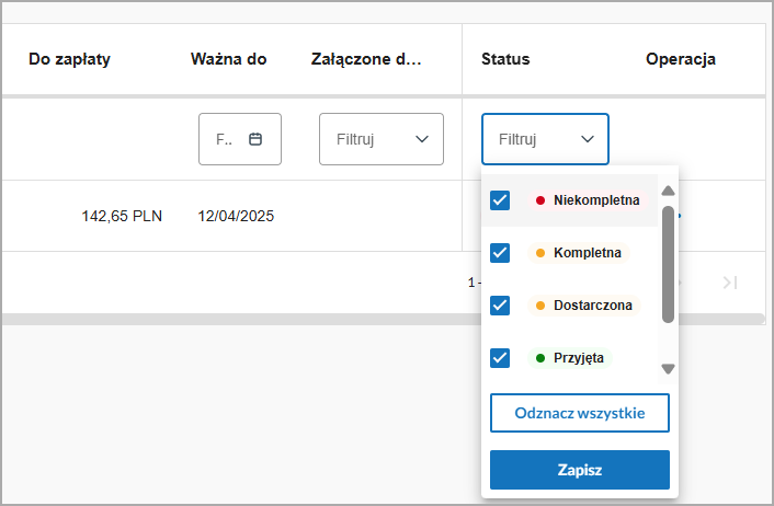 Ekran filtrowania faktur wg statusu